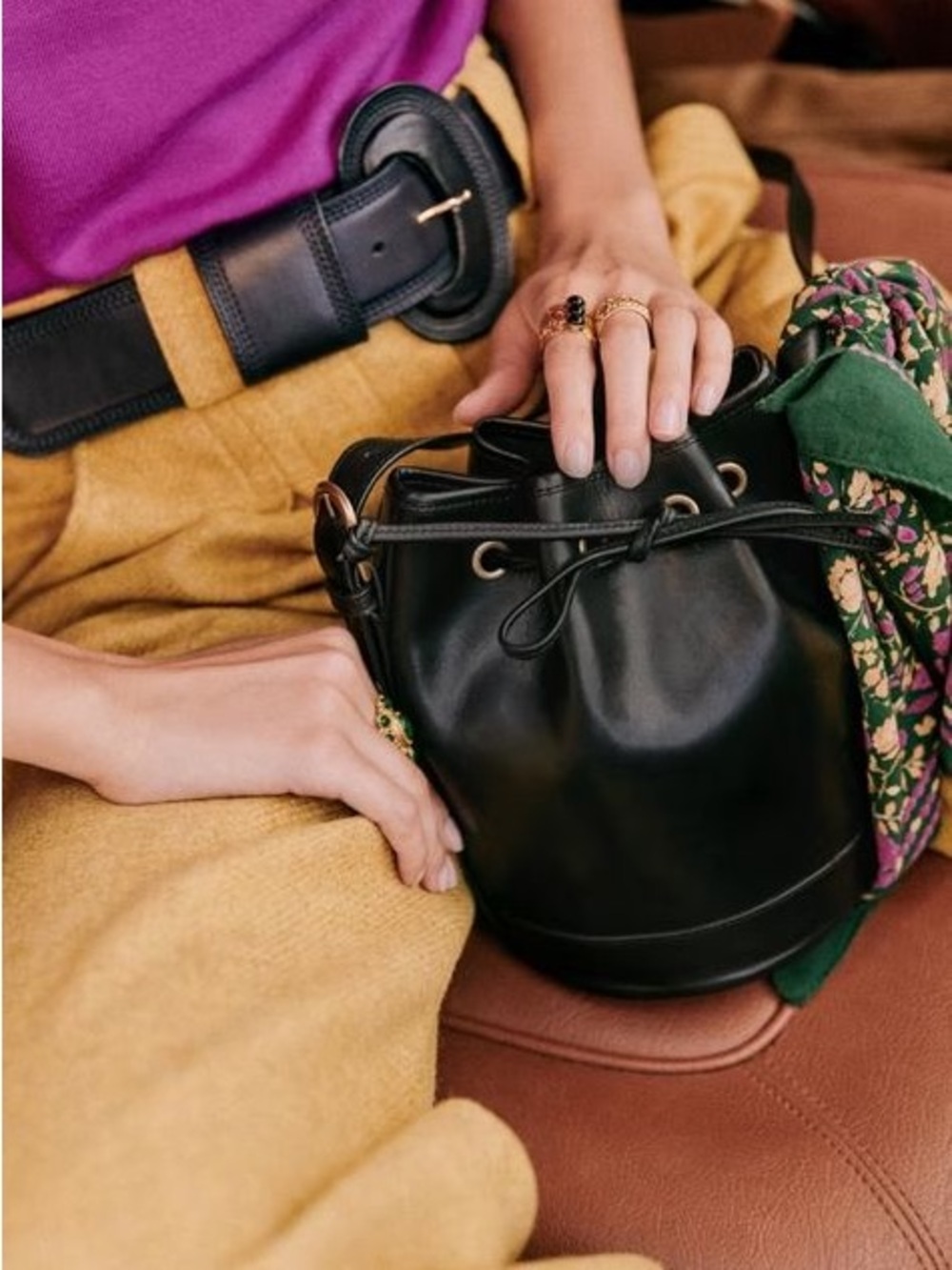 Sezane Mini Farrow Classic Black Leather Drawstring Bucket Bag Crossbody